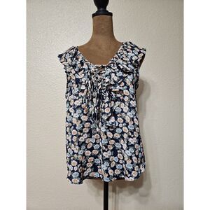 Sweet Wanderer Women’s Sleeveless Floral Ruffle Tie-Front Top Navy/White M